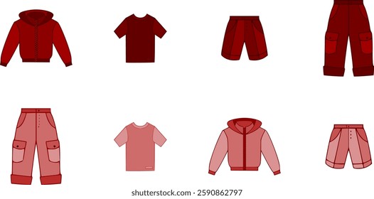 Vector reddish clothes of trousers, shorts, shirts, hoodies, jackets, sweaters and T-shirts.