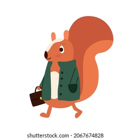 Vector red-haired cartoon squirrel in a green coat.