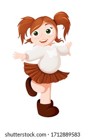 Vector red-haired girl is dance and smiling. Ginger schoolgirl vector character isolated on white. Design element for school shop sale decorations