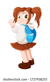 Una chica vectora de cabello rojo es una onda y sonríe. Escolar de jengibre con caracter vectorial de mochila aislada en blanco. Elemento de diseño para decoraciones de venta de tiendas escolares