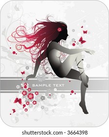 vector red-haired woman with banner for text
