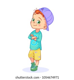 Vector Redhead Complacent Boy Posing, Arms Crossed. Funny Cartoon Separate Little Kid In Cap, Full-length.