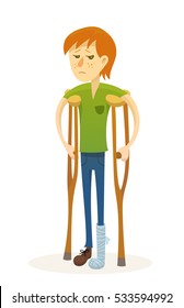 Vector Redhead Freckled Sad Boy Broken Foot With Crutches Isolated On White Background