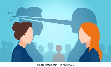 Vector of a redhead woman with long nose lying to another person 