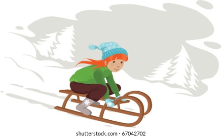 Vector. Redheaded girl sledding in the snow.