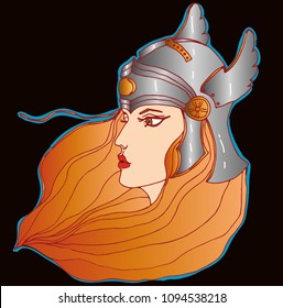 Vector redheaded warrior-girl in battle helmet. 