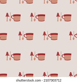 Vector Red-orange mushroom teacup seamless pattern. Perfect for wrapping paper, fabric , scrapbooking, kitchen design.