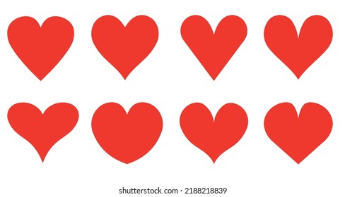 Vector reds hearts set. Hearts on a white background. Most popular heart shapes. Vector illustration.