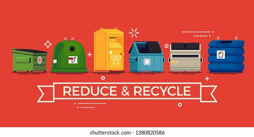 Vector Reduce and Recycle banner template with colourful recycling containers and dumpsters. Ideal for environmental awareness, ecology, waste reducing themed banners, posters and social media content Vector Reduce and Recycle banner template with colourful recycling containers and dumpsters. Ideal for environmental awareness, ecology, waste reducing themed banners, posters and social media content