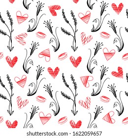 Vector red-white-black seamless pattern, doodle style, hand drawing, black silhouettes of decorative branches red stylish hearts, white background, for decoration Valentine's Day, invitations, cards