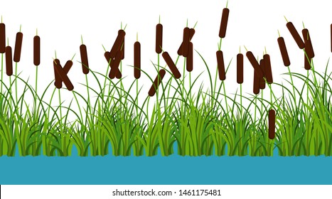 Vector reed stems plants with leaves and grass on the river Seamless pattern on white background