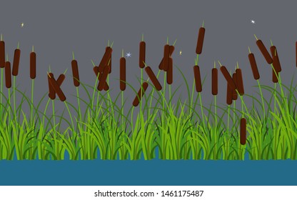 Vector reed stems plants with leaves and grass on the river and lake water. Seamless pattern on dark style background