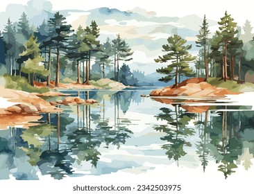 Vector reflection of beautiful pine trees in lake watercolor.