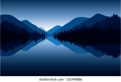 Vector reflection of mountains on lake at sunrise