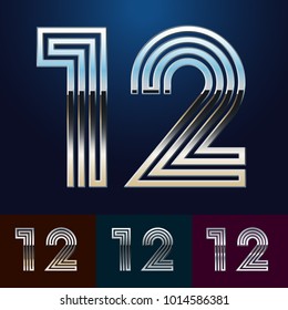 Vector reflective abstract Alphabet set. Different metallic colors. Numbers 1 2