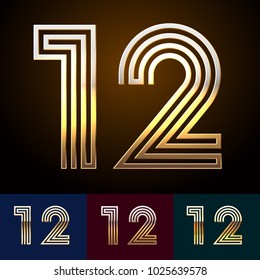 Vector reflective Golden geometric Alphabet set. Numbers 1 2