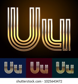 Vector reflective Golden geometric Alphabet set. Letters U