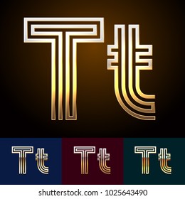 Vector reflective Golden geometric Alphabet set. Letters T