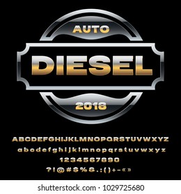 Vector reflective metallic logo Auto Diesel 2018. Set of Alphabet Letters, Numbers and Punctuation Symbols