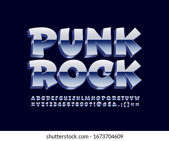 Vector reflective poster Punk Rock with metal Font. Silver Alphabet Letters and Numbers.