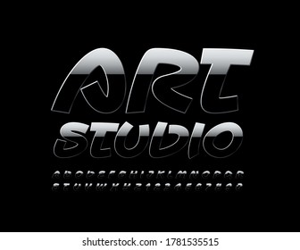 Vector reflective sign Art Studio. Gradient Handwritten Font. Dark metal Alphabet Letters and Numbers