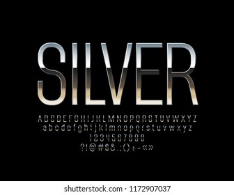 Vector Reflective Silver Alphabet. Set of Slim Glossy Letters, Numbers and Symbols.