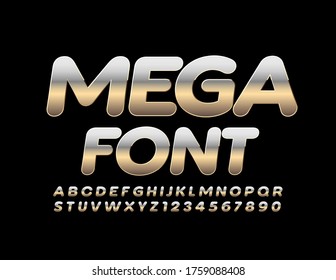 Vector reflective Silver Mega Font. Metal Alphabet Letters and Numbers