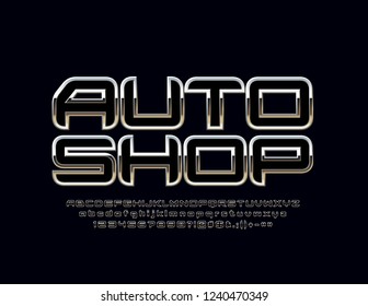 Vector reflective stylish Sign with text Auto Shop. Silver exclusive Font.
