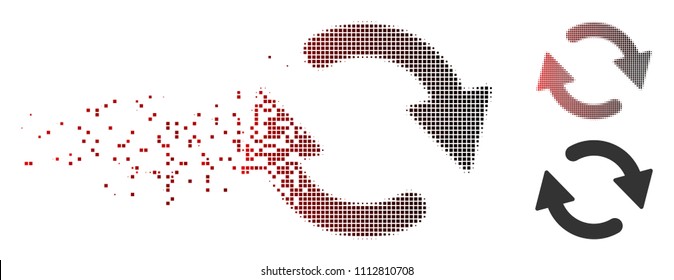 Vector refresh icon in fractured, dotted halftone and undamaged entire variants. Disintegration effect uses rectangle scintillas and horizontal gradient from red to black.