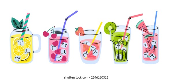 Vector refreshing lemonade types in mason jar glass with straws. Non alcoholic summer drinks with different flavors of kiwi, lemonade, cherry, watermelon, strawberry with fruit slices, mint and ice