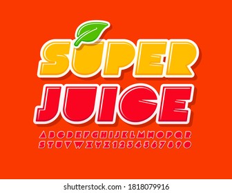Vector refreshment sign Super Juice with Leaf. Creative Red Font. Bright Alphabet Letters and Numbers set