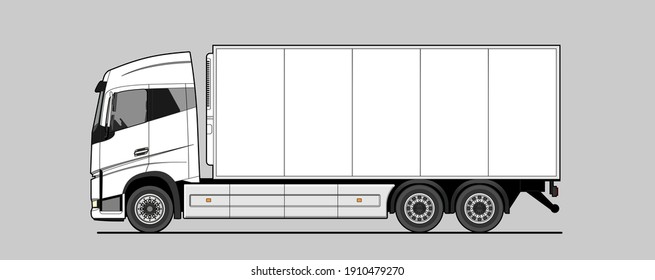 Vector refrigerator truck, lorry, side view. White blank template truck for advertising, tk. Freight transportation. Urban cargo transportation over short distances. Modern flat vector illustration.