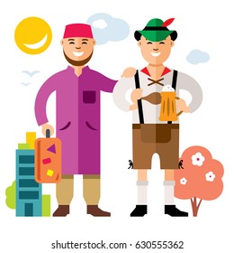 Vector Refugee in Germany. Illegal migration. Flat style colorful Cartoon illustration.