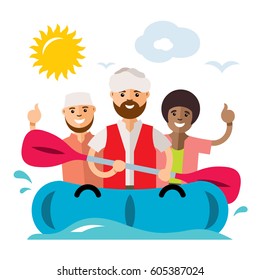 Vector Refugee migrants boat. Illegal migration. Flat style colorful Cartoon illustration.