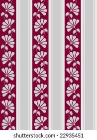 Vector Regency Stripe Seamless Repeat Flower And Leaves Background Pattern In Dark Red And Grey