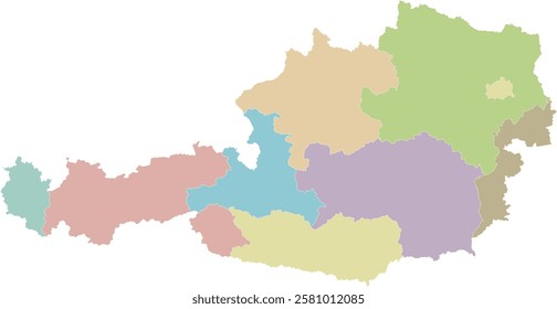 Vector regional blank map of Austria with federal states or territories and administrative divisions. Editable and clearly labeled layers.