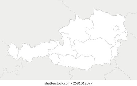 Vector regional blank map of Austria with federal states and administrative divisions, and neighbouring countries and territories. Editable and clearly labeled layers.