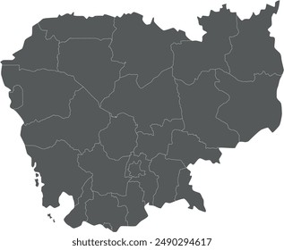 Vector regional blank map of Cambodia with provinces and administrative divisions. Editable and clearly labeled layers.