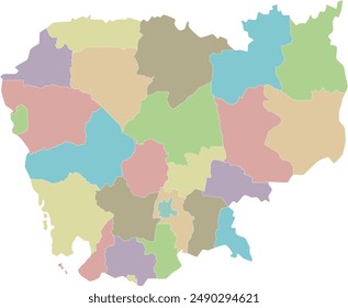 Vector regional blank map of Cambodia with provinces and administrative divisions. Editable and clearly labeled layers.