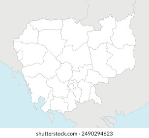 Vektorgrafik Regionalkarte Kambodschas mit Provinzen und Verwaltungseinheiten sowie Nachbarländern und -gebieten. Editierbare und klar beschriftete Ebenen.