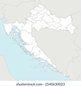 Mapa en blanco regional Vector de Croacia con condados, ciudades capitales y divisiones administrativas, y países y territorios vecinos. Capas editables y claramente etiquetadas.