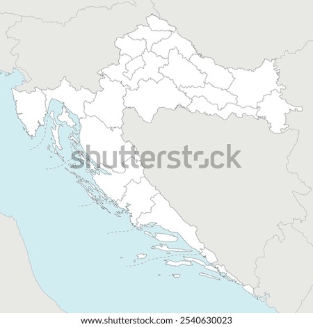Vector regional blank map of Croatia with counties, capital city and administrative divisions, and neighbouring countries and territories. Editable and clearly labeled layers.