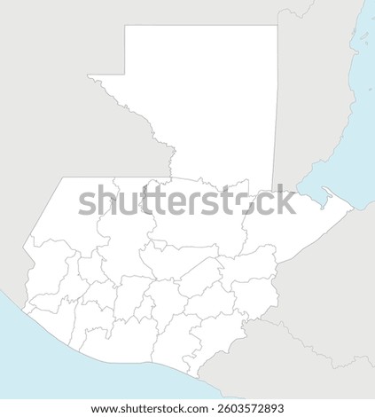 Vector regional blank map of Guatemala with departments and administrative divisions, and neighbouring countries and territories. Editable and clearly labeled layers.