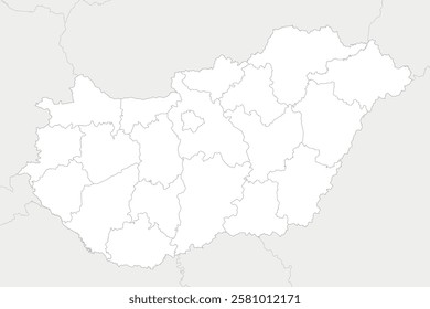 Vector regional blank map of Hungary with counties and administrative divisions, and neighbouring countries and territories. Editable and clearly labeled layers.