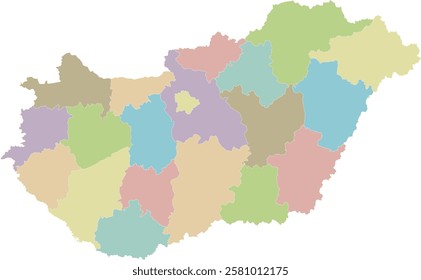 Vector regional blank map of Hungary with counties or territories and administrative divisions. Editable and clearly labeled layers.