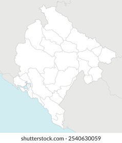 Mapa en blanco regional Vector de Montenegro con municipios y divisiones administrativas, y países y territorios vecinos. Capas editables y claramente etiquetadas.