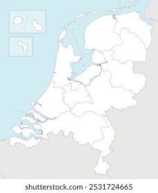 Vector regional blank map of Netherlands with provinces, Caribbean special municipalities and administrative divisions, and neighbouring countries and territories. Editable and clearly labeled layers.