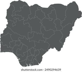 Vector regional blank map of Nigeria with states and administrative divisions. Editable and clearly labeled layers.