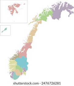 Vector regional blank map of Norway with counties and territories, and administrative divisions. Editable and clearly labeled layers.