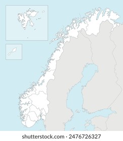 Vector regional blank map of Norway with counties and territories, and neighbouring countries. Editable and clearly labeled layers.